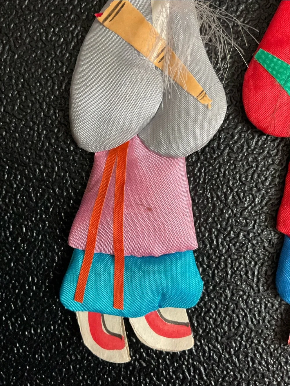 2 Vintage Chinese Folk Art Padded Silk & Cardboard Immortals Ornaments 5”